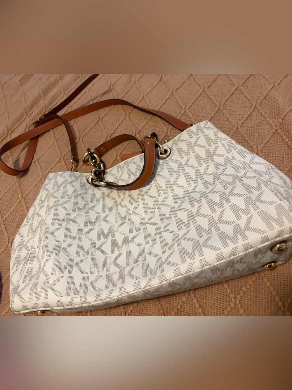 Michael Kors Cream White MK Logo Shoulder Tote with Brown Leather Straps - Picture 4 of 6